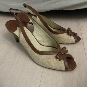 Amalfi shoes.  Open toe, slingback. Kitten heel.